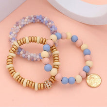 Load image into Gallery viewer, 3PCS - Wood Faceted Beaded Hammered Metal Disc Charm Stretch Multi Layered Bracelets
