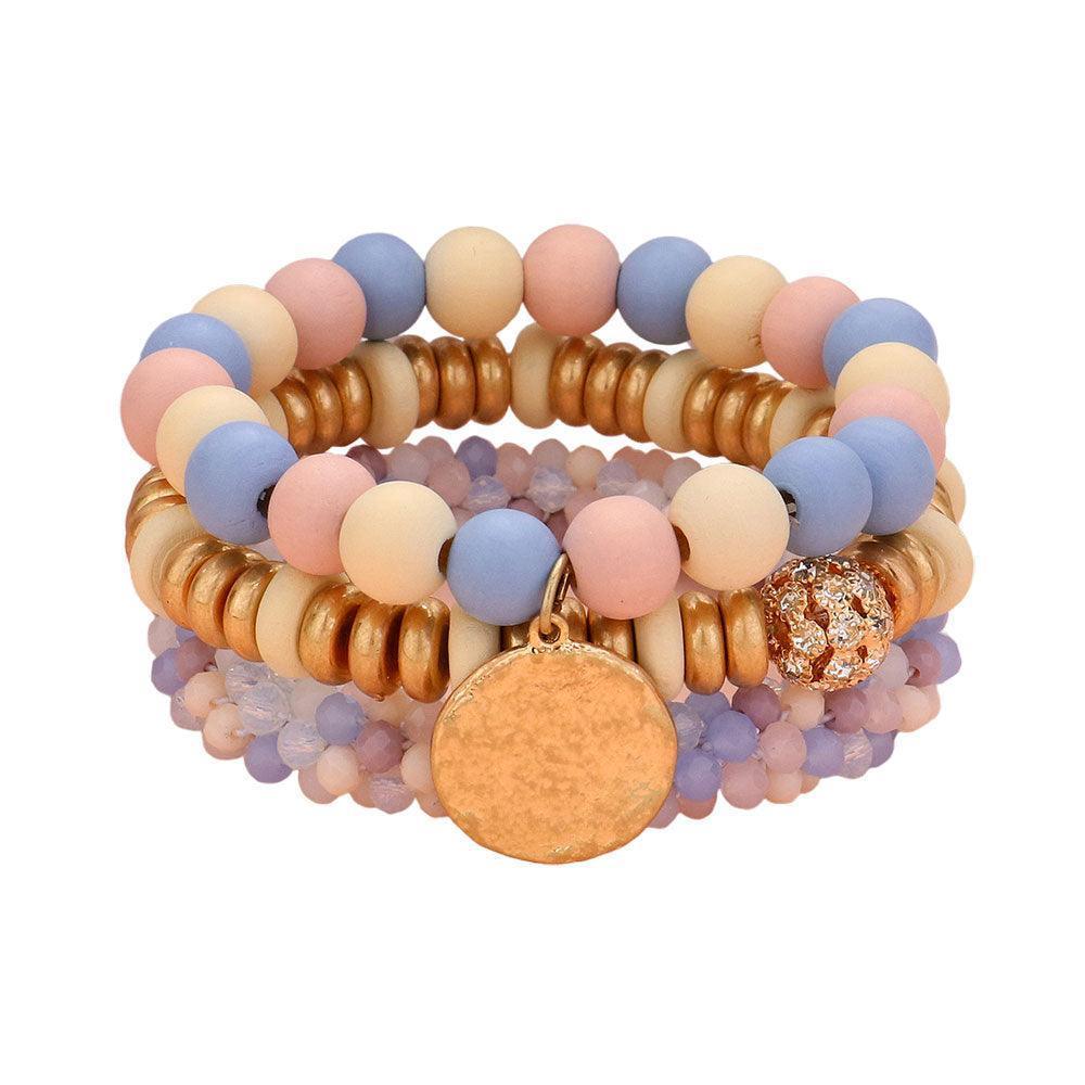 3PCS - Wood Faceted Beaded Hammered Metal Disc Charm Stretch Multi Layered Bracelets - Jewelry Store by Erik Rayo