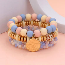 Load image into Gallery viewer, 3PCS - Wood Faceted Beaded Hammered Metal Disc Charm Stretch Multi Layered Bracelets
