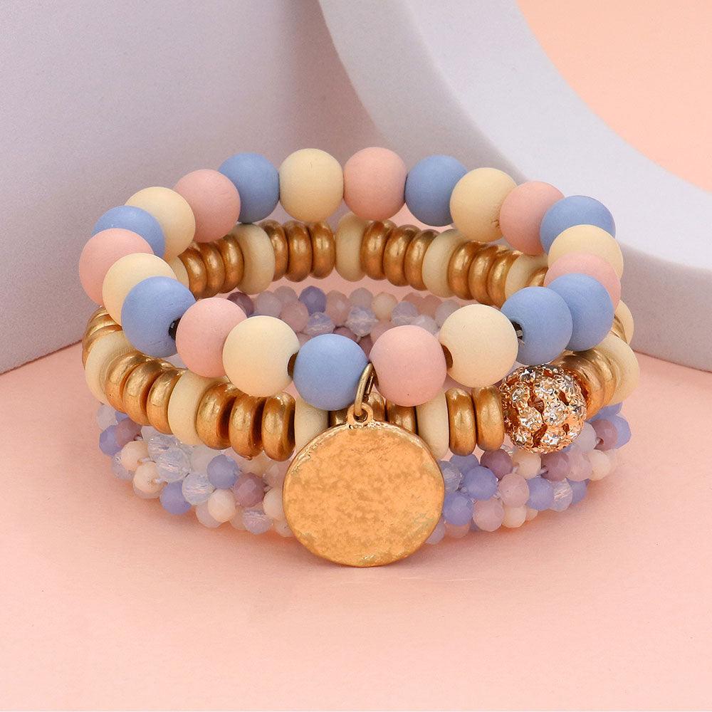 3PCS - Wood Faceted Beaded Hammered Metal Disc Charm Stretch Multi Layered Bracelets