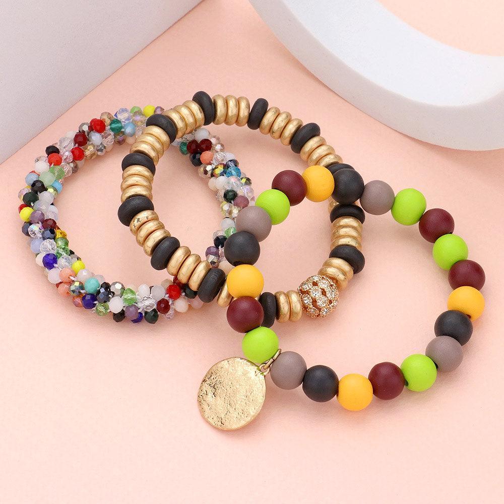 3PCS - Textured Metal Disc Charm Wood Faceted Beaded Stretch Bracelets - Jewelry Store by Erik Rayo