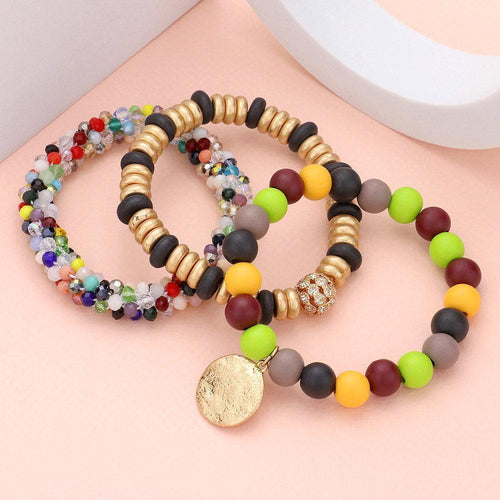 3PCS - Textured Metal Disc Charm Wood Faceted Beaded Stretch Bracelets - Jewelry Store by Erik Rayo