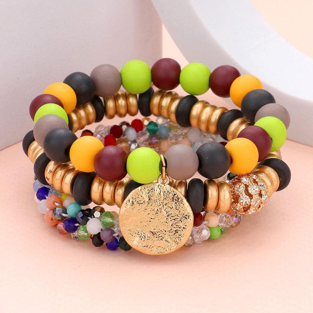 3PCS - Textured Metal Disc Charm Wood Faceted Beaded Stretch Bracelets - Jewelry Store by Erik Rayo