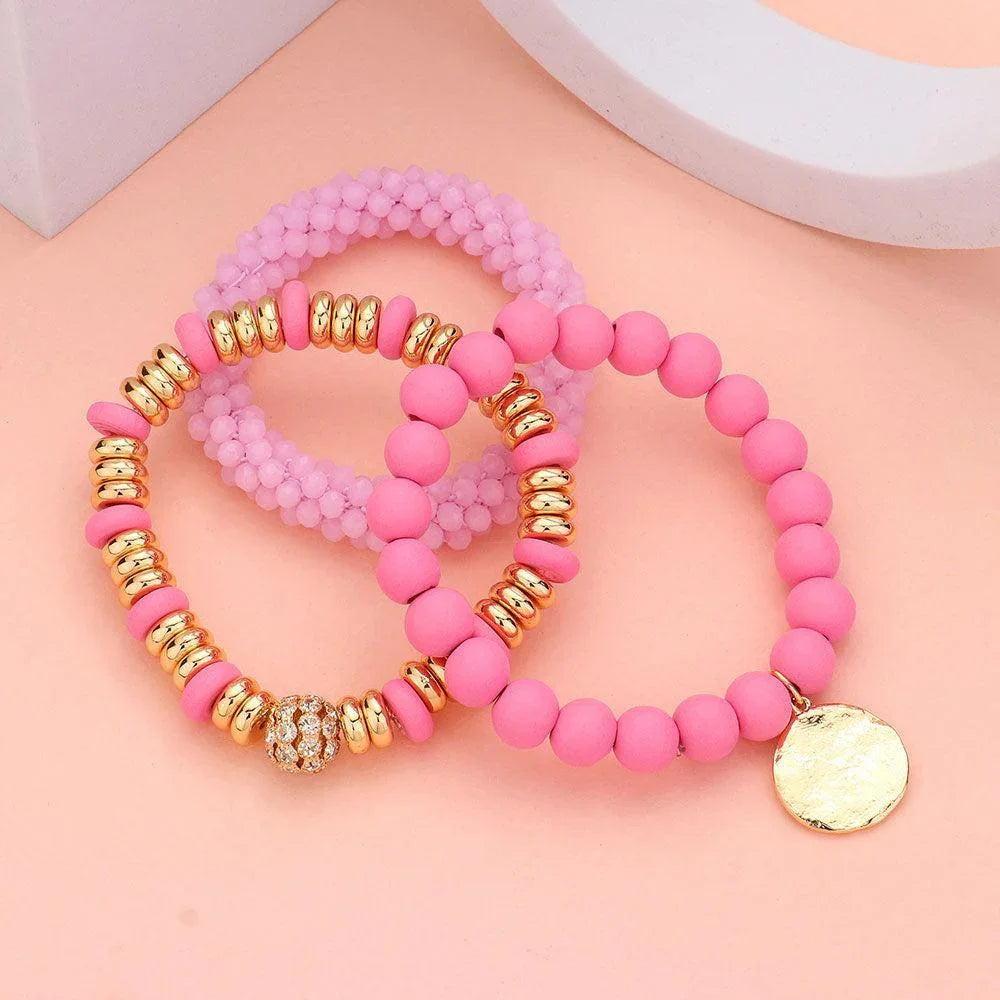 Pink 3PCS - Wood Faceted Beaded Hammered Metal Disc Charm Stretch Multi Layered Bracelets - Jewelry Store by Erik Rayo