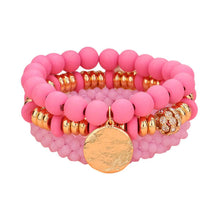 Load image into Gallery viewer, Pink 3PCS - Wood Faceted Beaded Hammered Metal Disc Charm Stretch Multi Layered Bracelets
