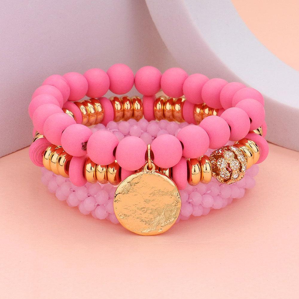 Pink 3PCS - Wood Faceted Beaded Hammered Metal Disc Charm Stretch Multi Layered Bracelets - Jewelry Store by Erik Rayo
