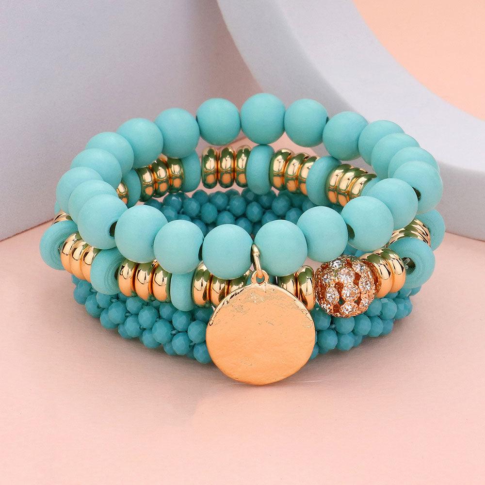 Turquoise 3PCS - Wood Faceted Beaded Hammered Metal Disc Charm Stretch Multi Layered Bracelets