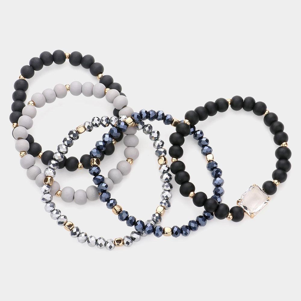 Black 5PCS Emerald Cut Stone Accented Wood Ball Faceted Beaded Stretch Bracelets - Jewelry Store by Erik Rayo