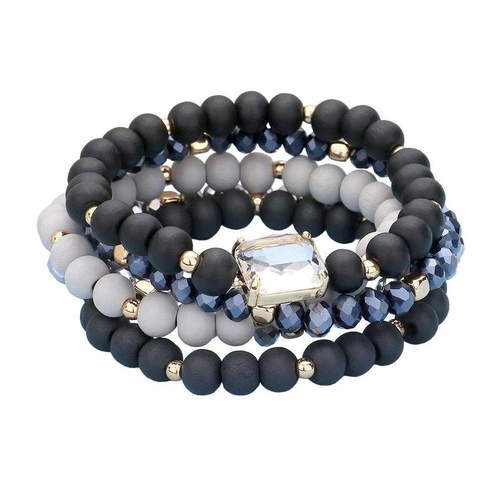 Black 5PCS Emerald Cut Stone Accented Wood Ball Faceted Beaded Stretch Bracelets - Jewelry Store by Erik Rayo