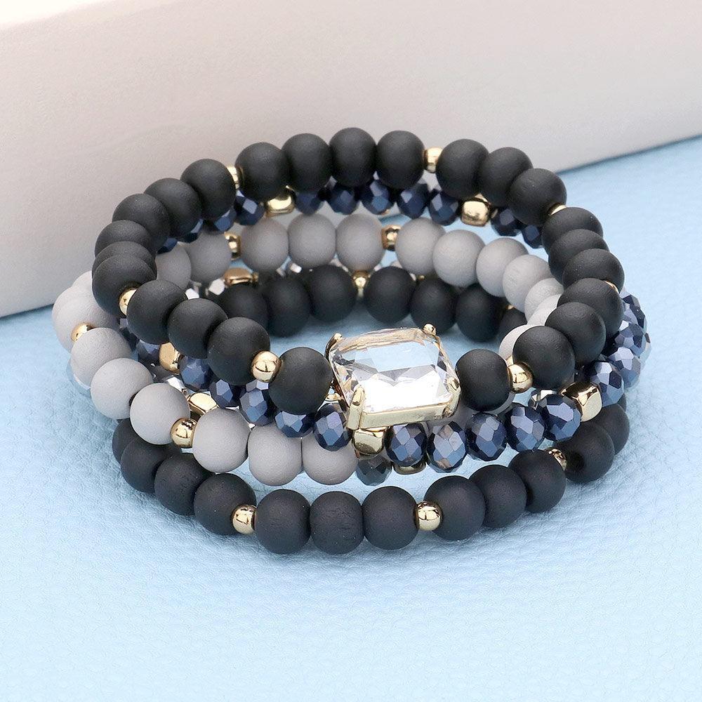 Black 5PCS Emerald Cut Stone Accented Wood Ball Faceted Beaded Stretch Bracelets - Jewelry Store by Erik Rayo