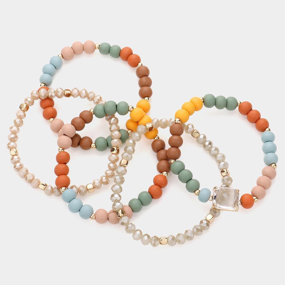 5PCS - Emerald Cut Stone Accented Wood Ball Faceted Beaded Stretch Bracelets - Jewelry Store by Erik Rayo