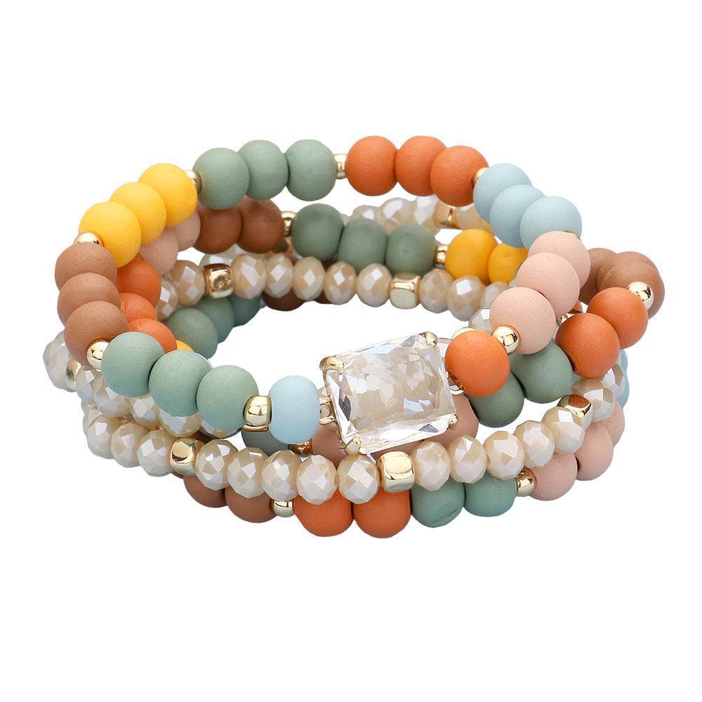 5PCS - Emerald Cut Stone Accented Wood Ball Faceted Beaded Stretch Bracelets - Jewelry Store by Erik Rayo