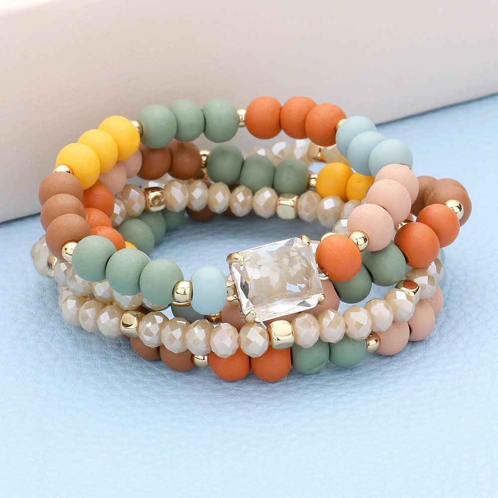 5PCS - Emerald Cut Stone Accented Wood Ball Faceted Beaded Stretch Bracelets - Jewelry Store by Erik Rayo