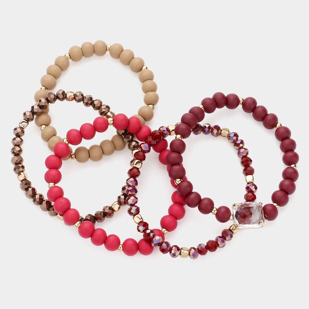 Burgundy 5PCS - Emerald Cut Stone Accented Wood Ball Faceted Beaded Stretch Bracelets - Jewelry Store by Erik Rayo