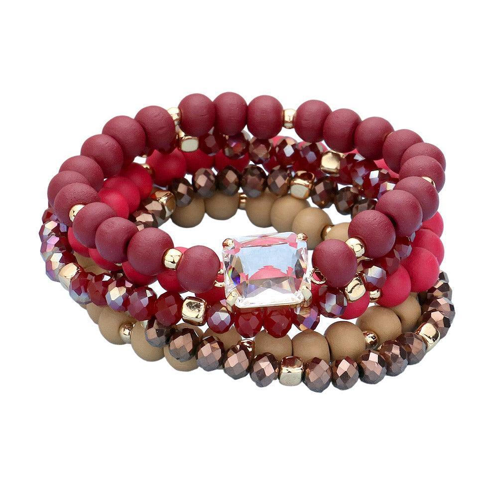 Burgundy 5PCS - Emerald Cut Stone Accented Wood Ball Faceted Beaded Stretch Bracelets - Jewelry Store by Erik Rayo