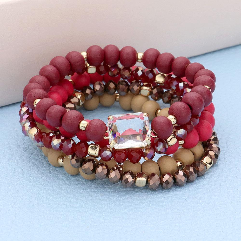 Burgundy 5PCS - Emerald Cut Stone Accented Wood Ball Faceted Beaded Stretch Bracelets - Jewelry Store by Erik Rayo