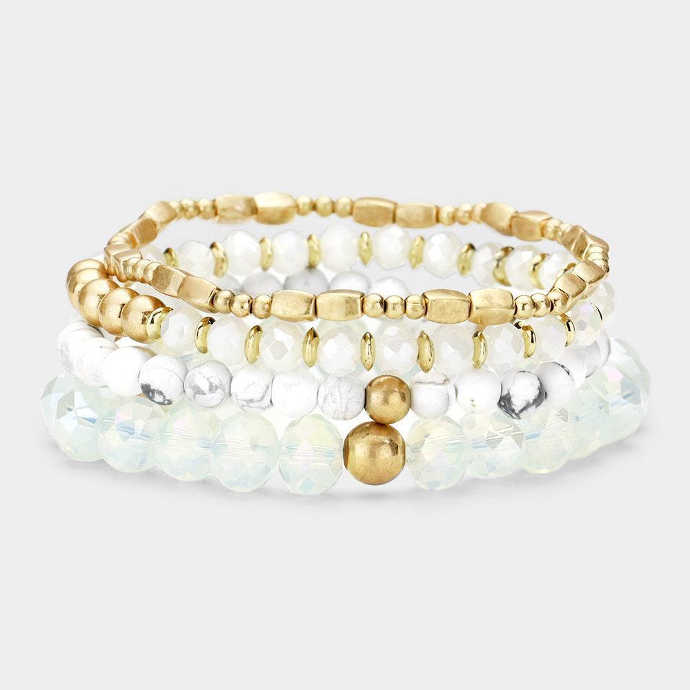 White 4PCS Natural Stone Faceted Beaded Stretch Bracelets - Jewelry Store by Erik Rayo
