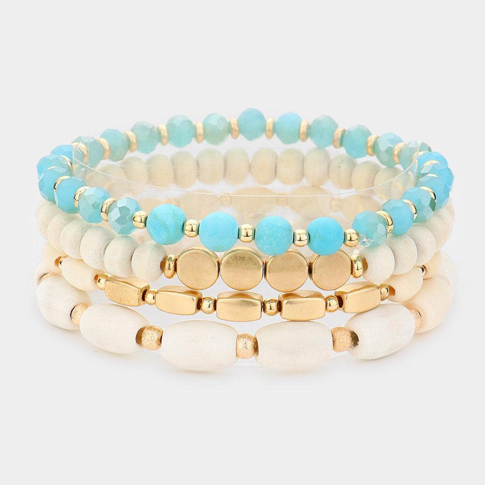 Turquoise 4PCS - Natural Stone Wood Beaded Stretch Bracelets - Jewelry Store by Erik Rayo