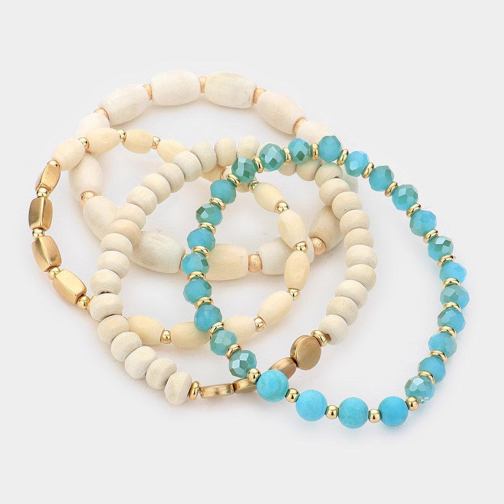 Turquoise 4PCS - Natural Stone Wood Beaded Stretch Bracelets - Jewelry Store by Erik Rayo