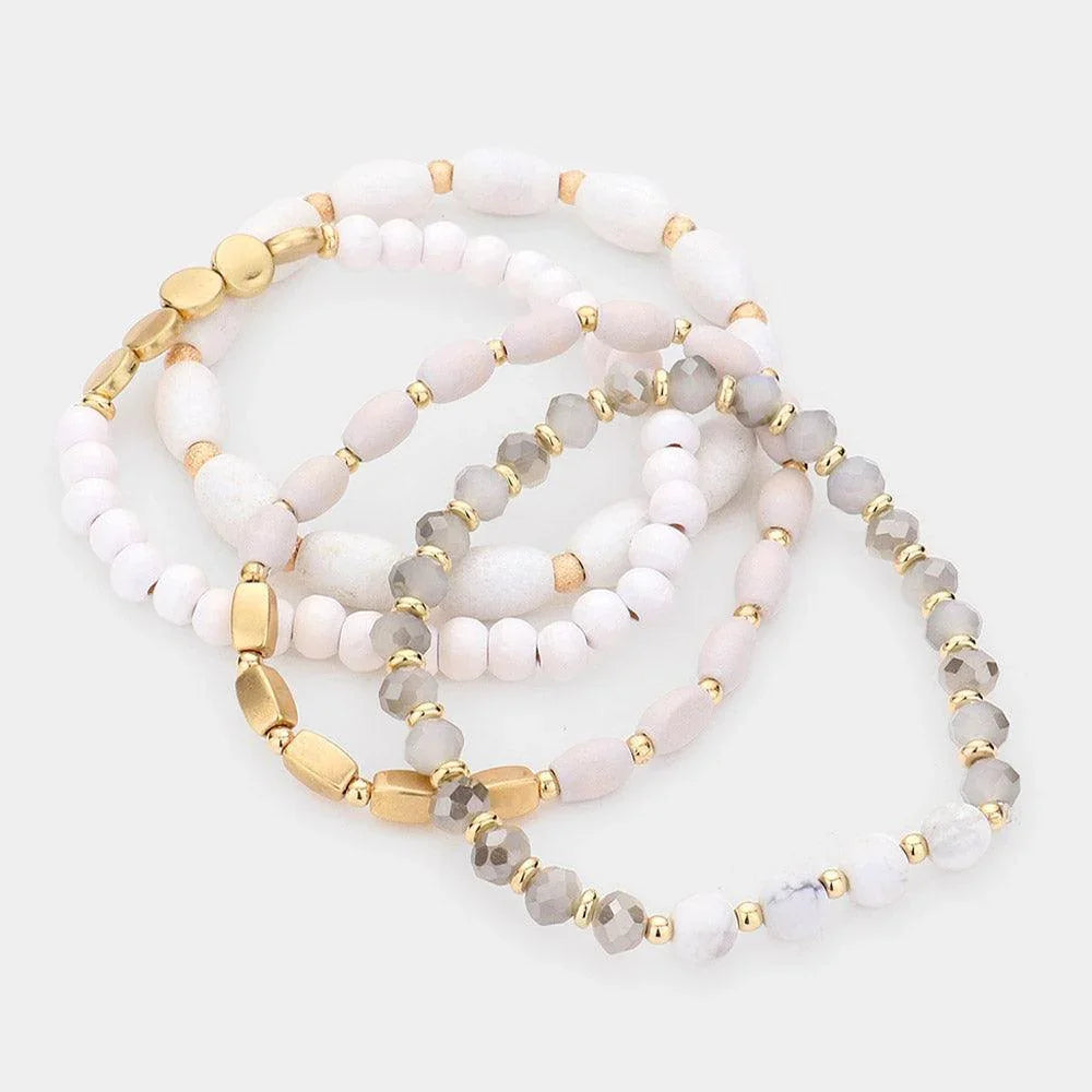White 4PCS - Natural Stone Wood Beaded Stretch Bracelets - Jewelry Store by Erik Rayo