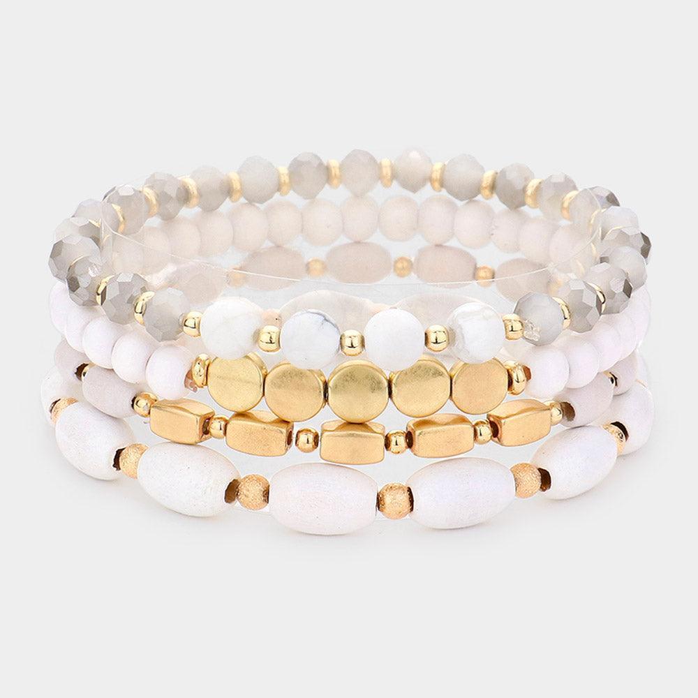 White 4PCS - Natural Stone Wood Beaded Stretch Bracelets - Jewelry Store by Erik Rayo