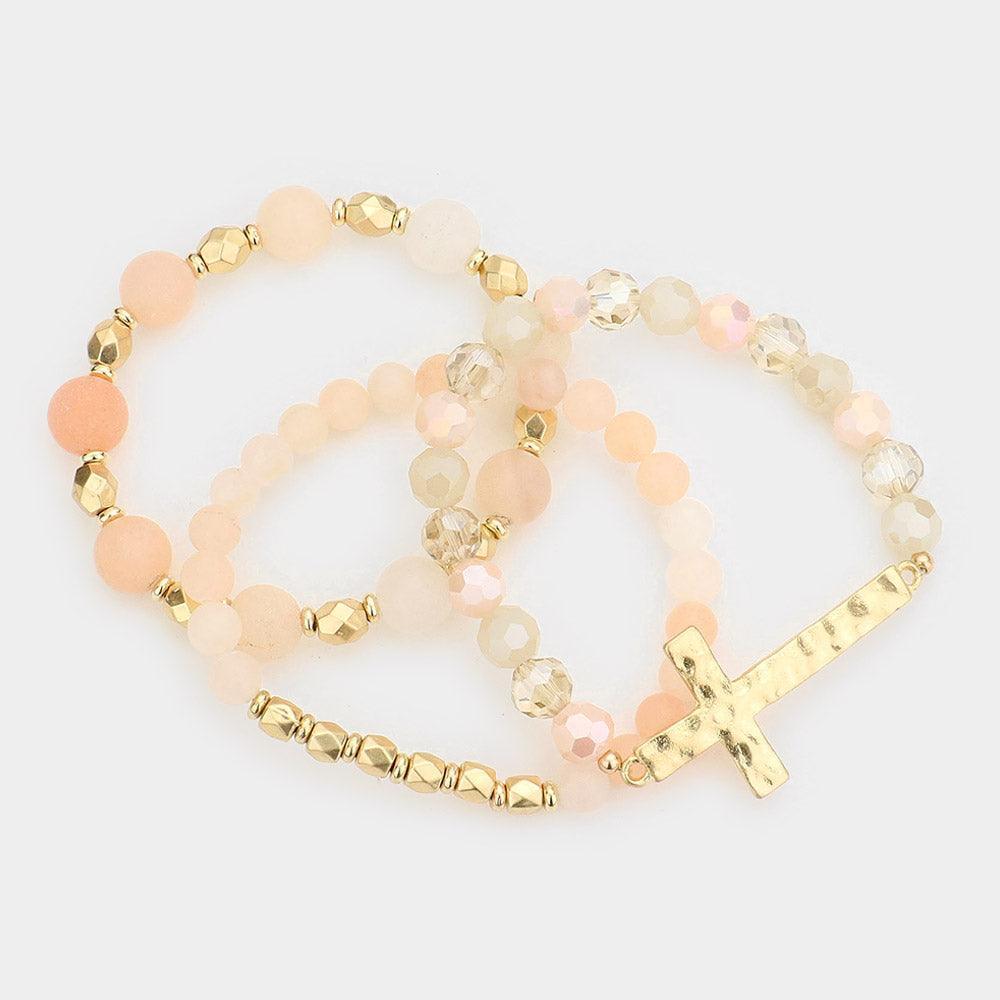 Peach 3PCS Hammered Metal Cross Pendant Beaded Layered Bracelets - Jewelry Store by Erik Rayo