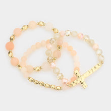 Load image into Gallery viewer, Peach 3PCS  Hammered Metal Cross Pendant Beaded Layered Bracelets
