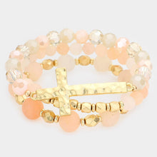 Load image into Gallery viewer, Peach 3PCS  Hammered Metal Cross Pendant Beaded Layered Bracelets
