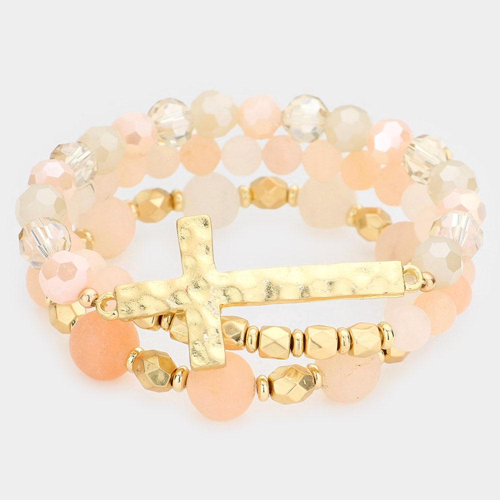 Peach 3PCS  Hammered Metal Cross Pendant Beaded Layered Bracelets