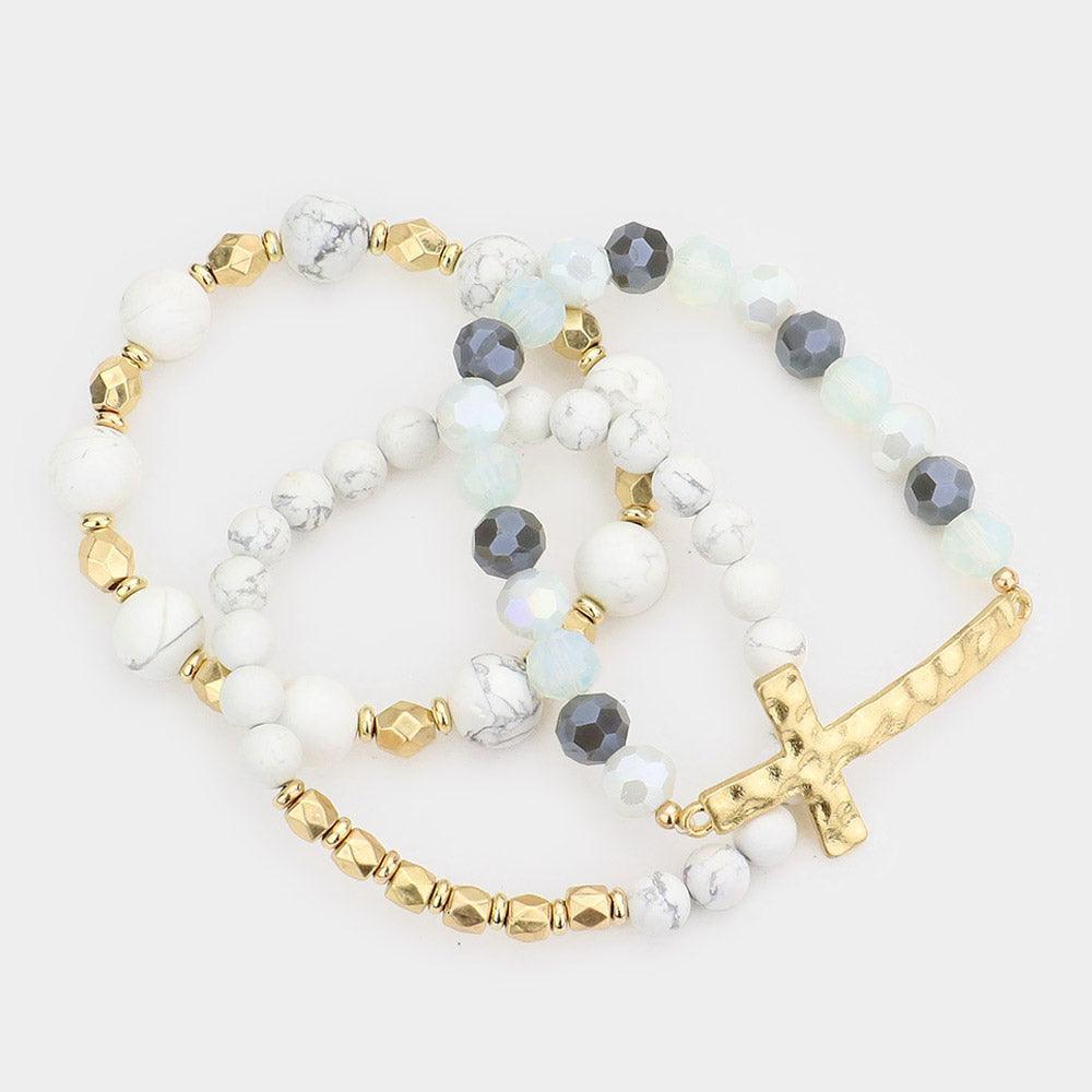 White 3PCS Hammered Metal Cross Pendant Beaded Layered Bracelets - Jewelry Store by Erik Rayo