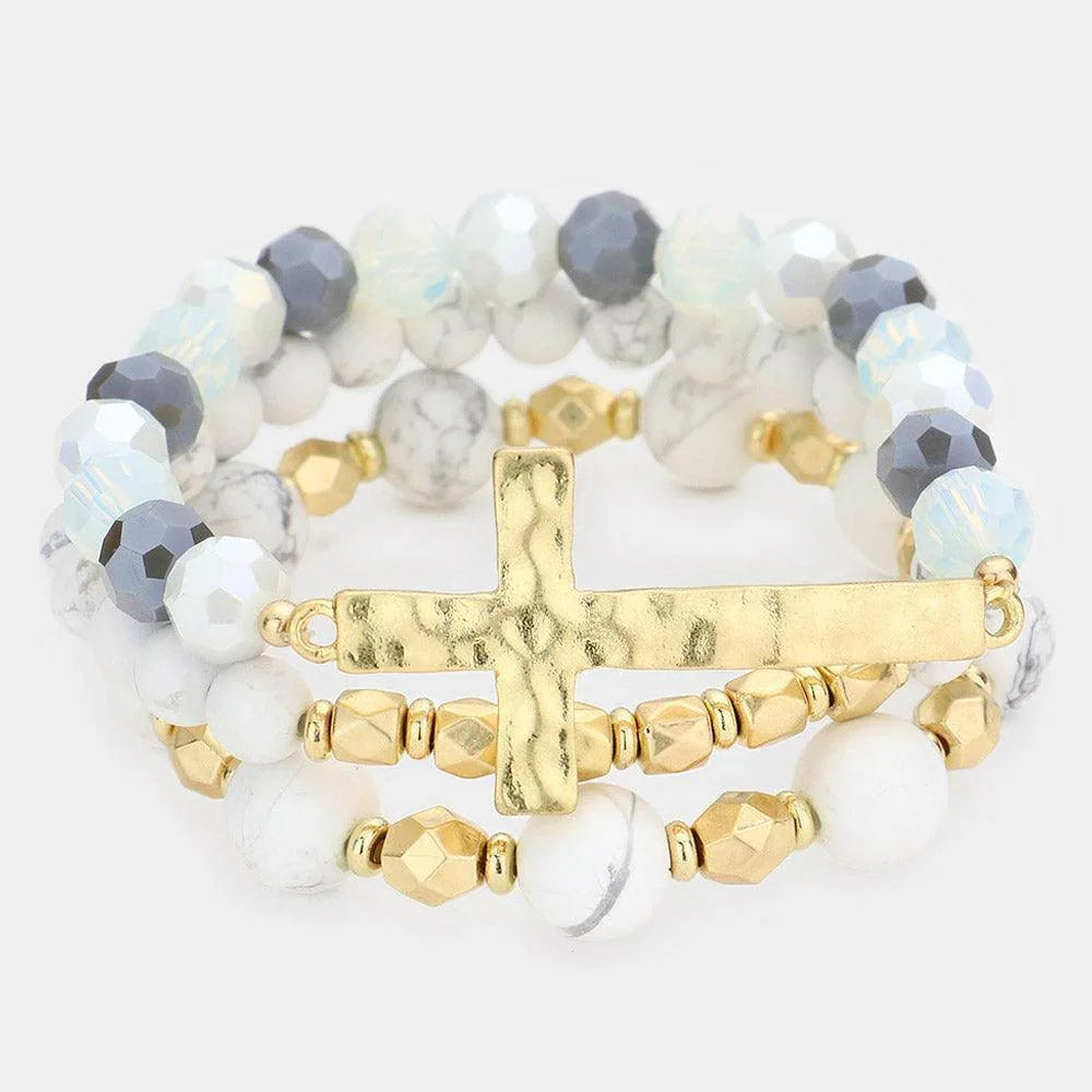 White 3PCS Hammered Metal Cross Pendant Beaded Layered Bracelets - Jewelry Store by Erik Rayo