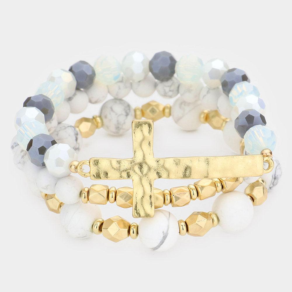 White 3PCS  Hammered Metal Cross Pendant Beaded Layered Bracelets