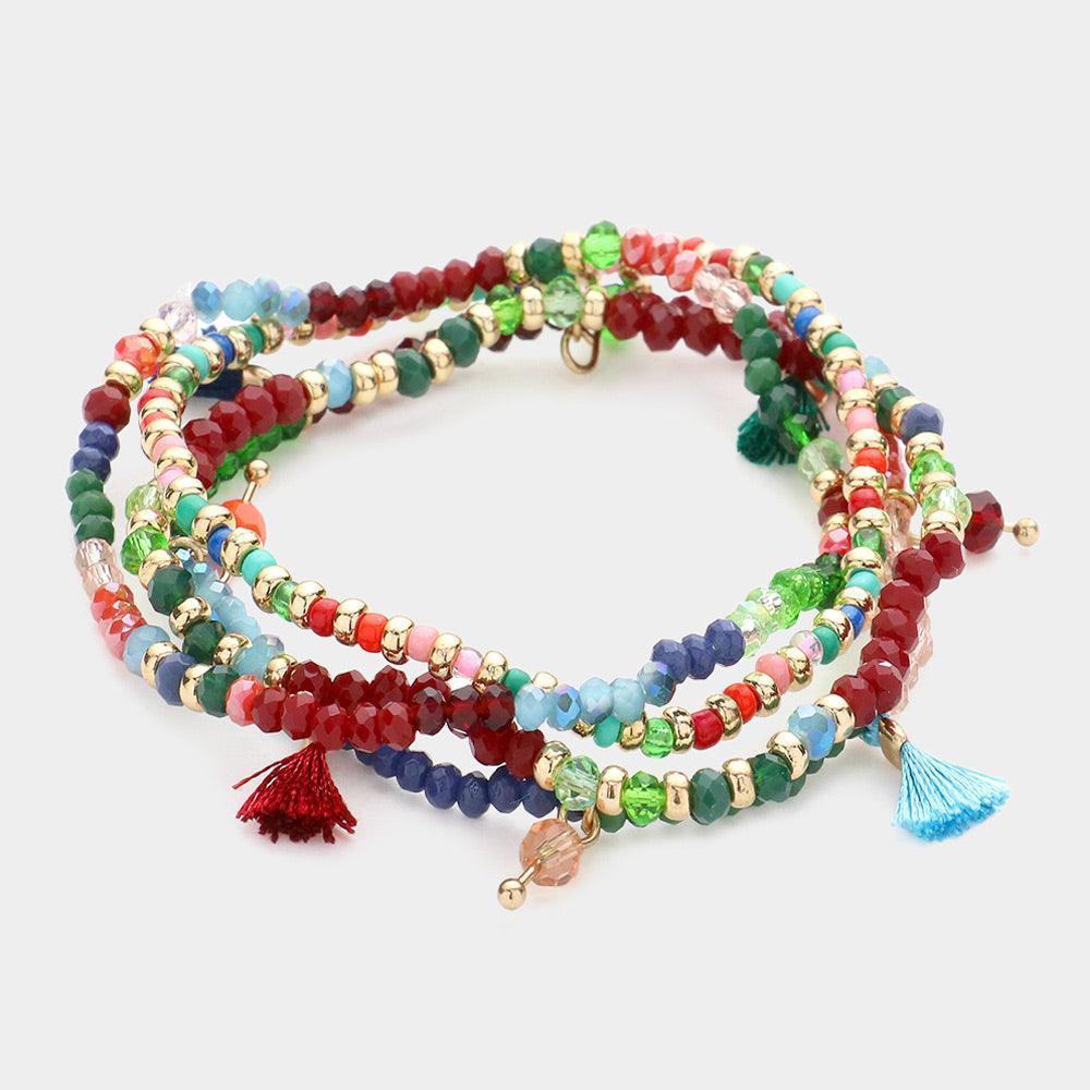 4PCS - Tassel Charm Faceted Beaded Stretch Bracelets - Jewelry Store by Erik Rayo