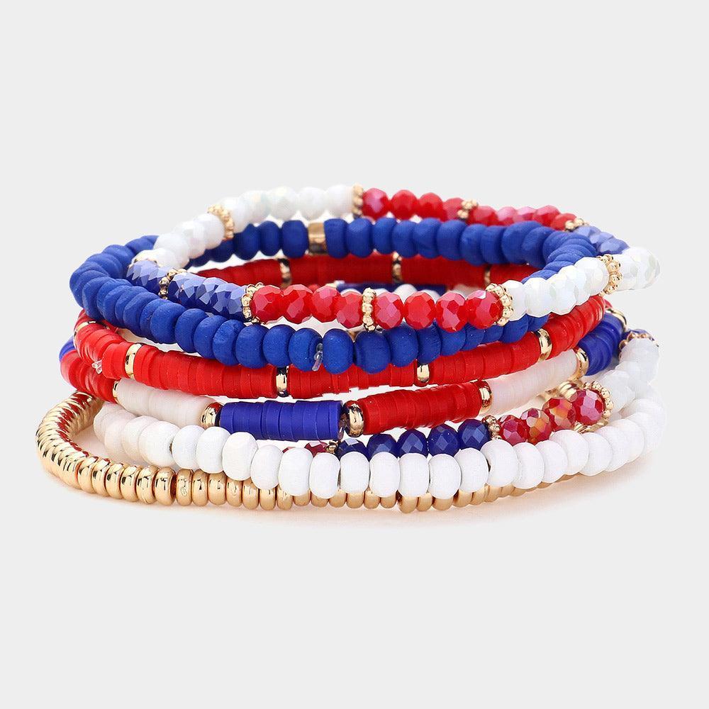 7PCS - American USA Flag Color Beaded Stretch Multi Layered Bracelets - Jewelry Store by Erik Rayo