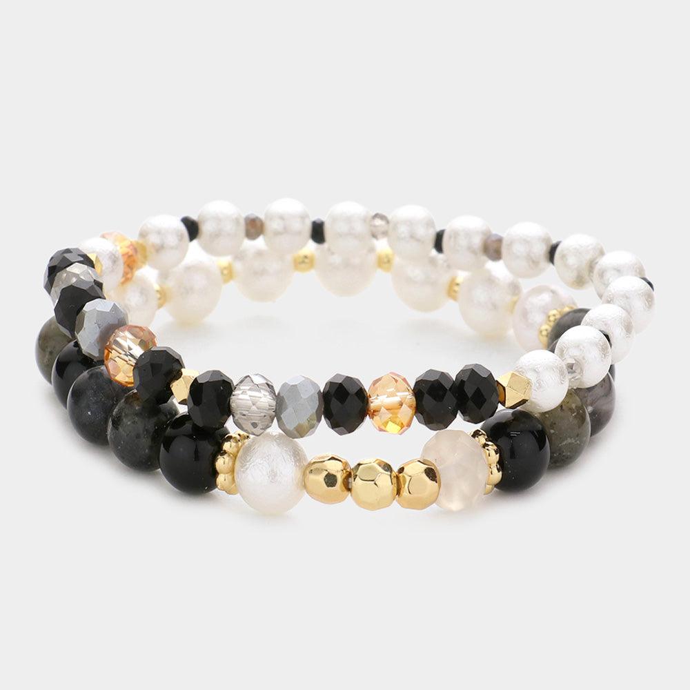 Black 2PCS  Pearl Colorful Beaded Stretch Bracelets