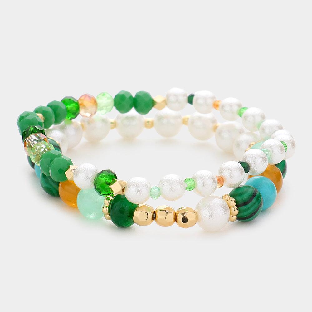 Green 2PCS - Pearl Colorful Beaded Stretch Bracelets