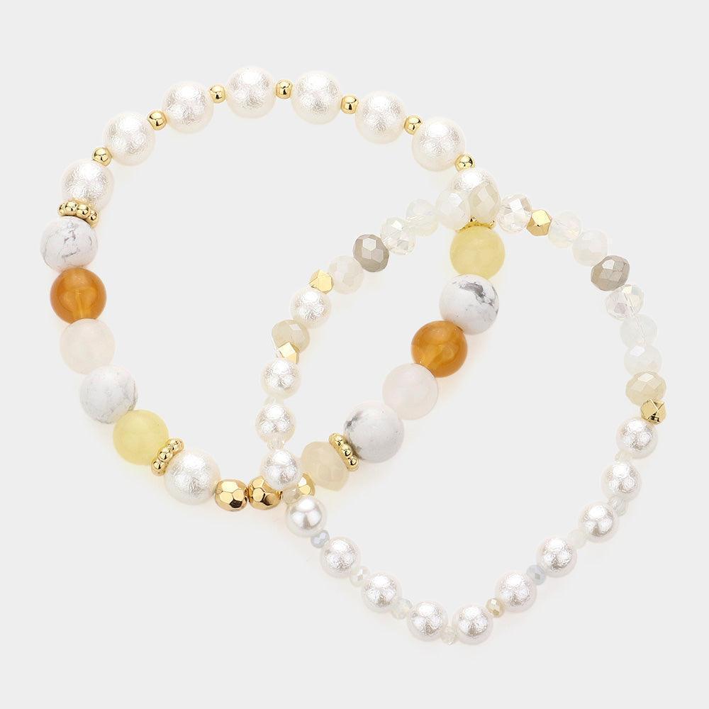 White 2PCS - Pearl Colorful Beaded Stretch Bracelets - Jewelry Store by Erik Rayo
