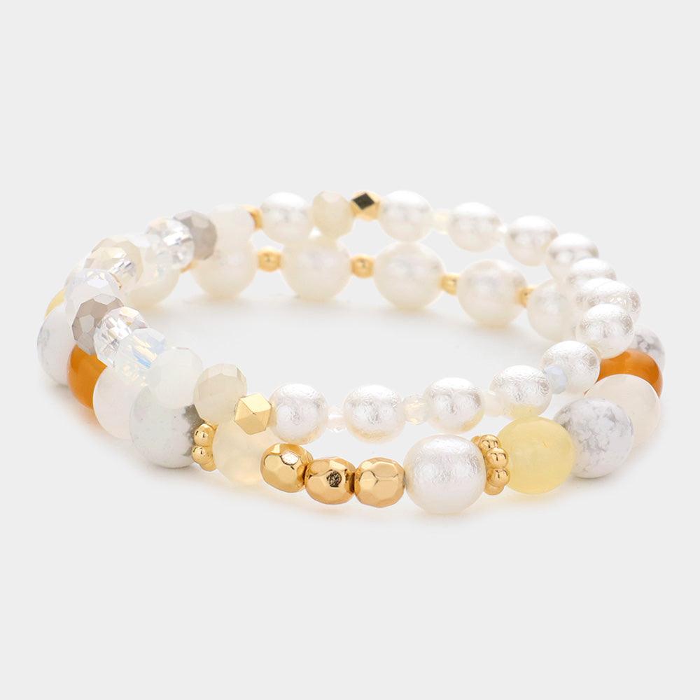 White 2PCS - Pearl Colorful Beaded Stretch Bracelets