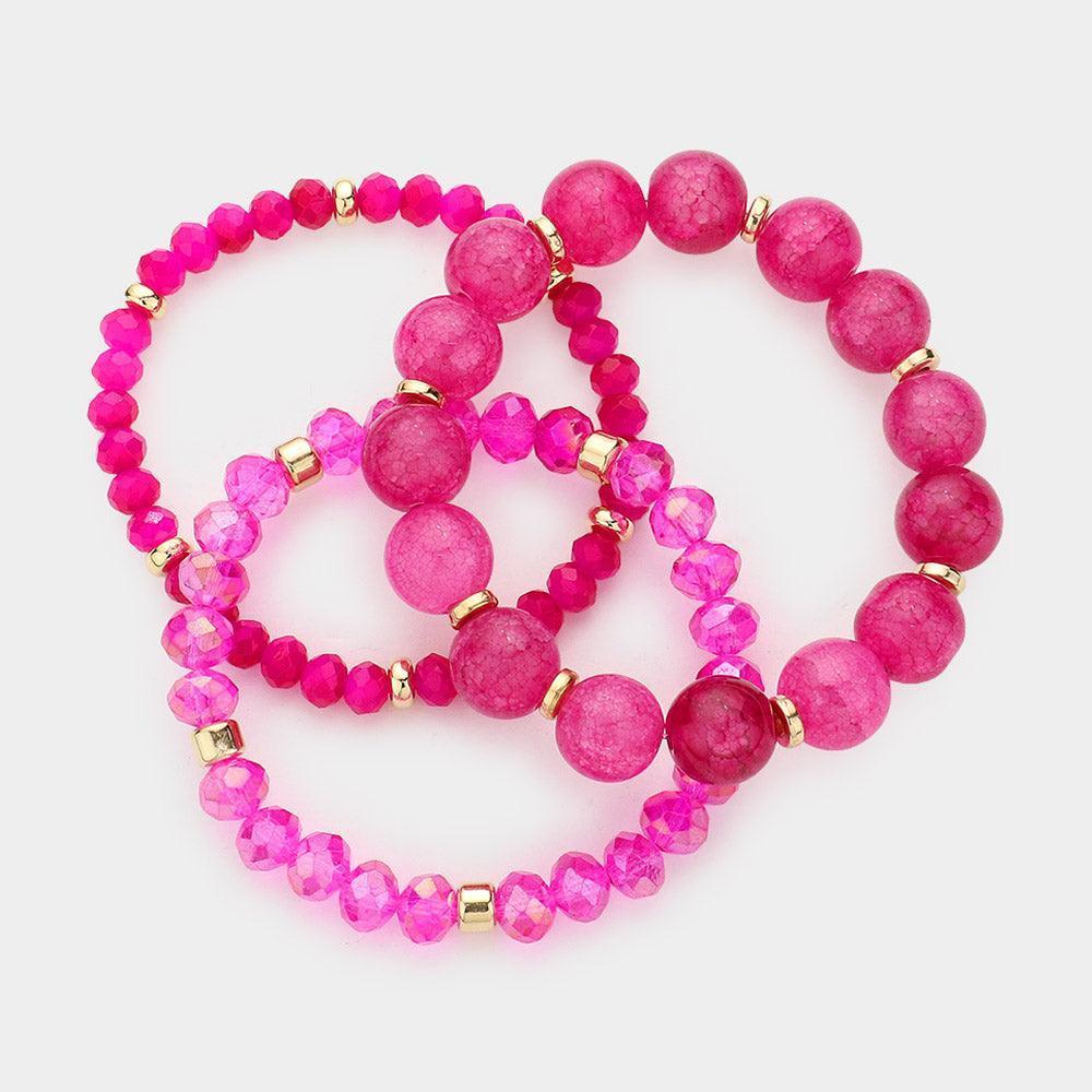 Fuchsia 3PCS - Natural Stone Faceted Beaded Stretch Bracelets - Jewelry Store by Erik Rayo