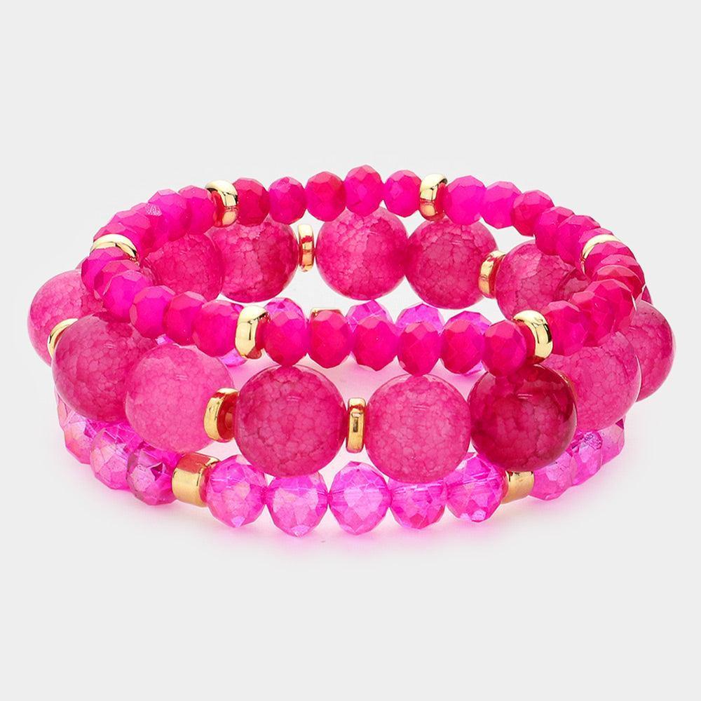 Fuchsia 3PCS - Natural Stone Faceted Beaded Stretch Bracelets - Jewelry Store by Erik Rayo