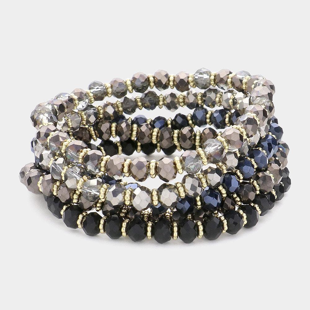 Black 5PCS Faceted Beaded Stretch Multi Layered Bracelets - Jewelry Store by Erik Rayo