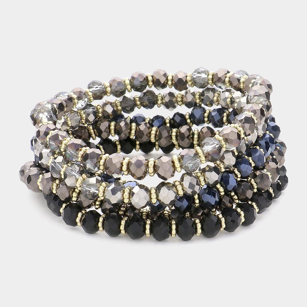 Black 5PCS  Faceted Beaded Stretch Multi Layered Bracelets