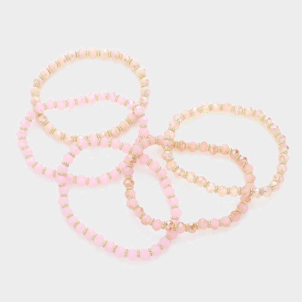 Pink 5PCS - Faceted Beaded Stretch Multi Layered Bracelets - Jewelry Store by Erik Rayo