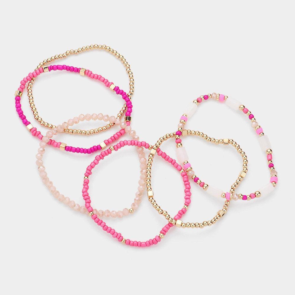 Pink 6PCS - Multi Beaded Stretch Layered Bracelets - Jewelry Store by Erik Rayo