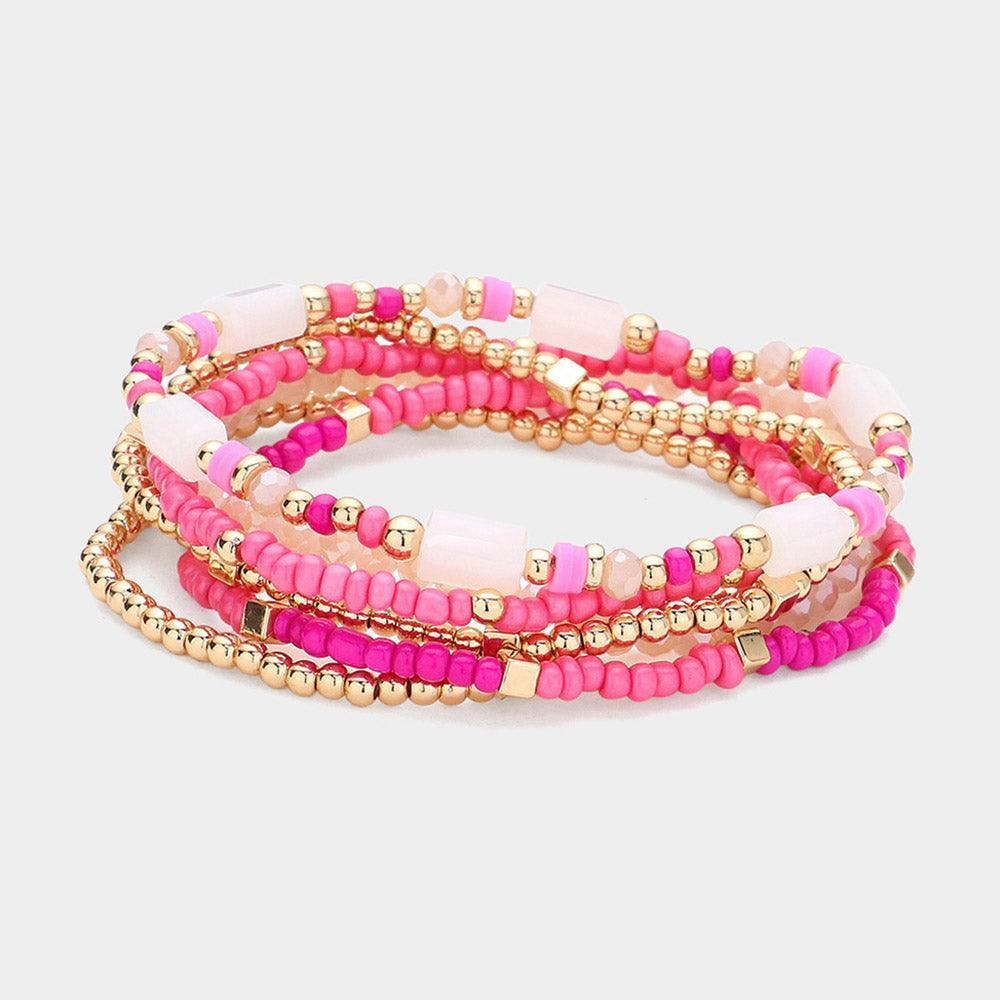 Pink 6PCS - Multi Beaded Stretch Layered Bracelets - Jewelry Store by Erik Rayo