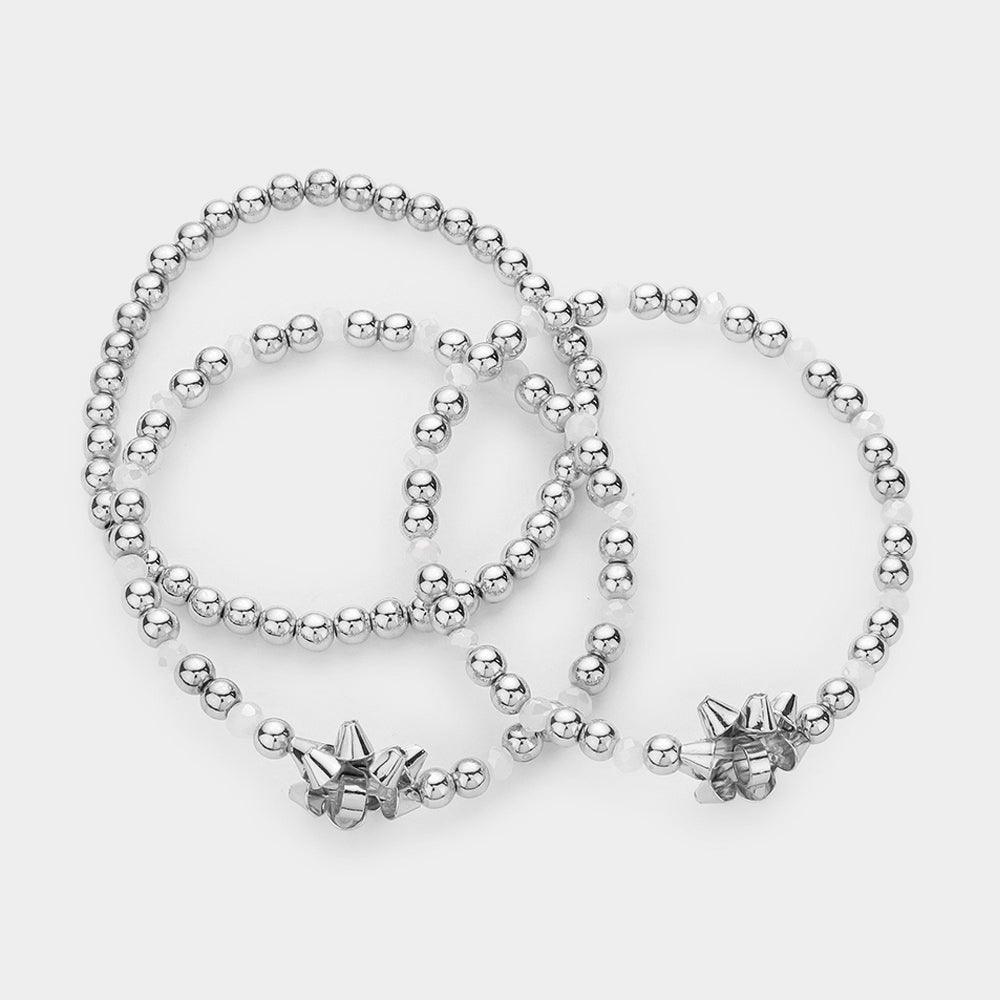 3PCS - Christmas Gift Bow Accented Metal Ball Stretch Bracelets - Jewelry Store by Erik Rayo