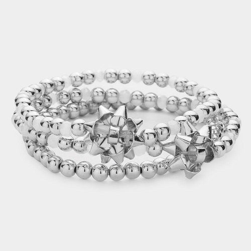 3PCS - Christmas Gift Bow Accented Metal Ball Stretch Bracelets - Jewelry Store by Erik Rayo