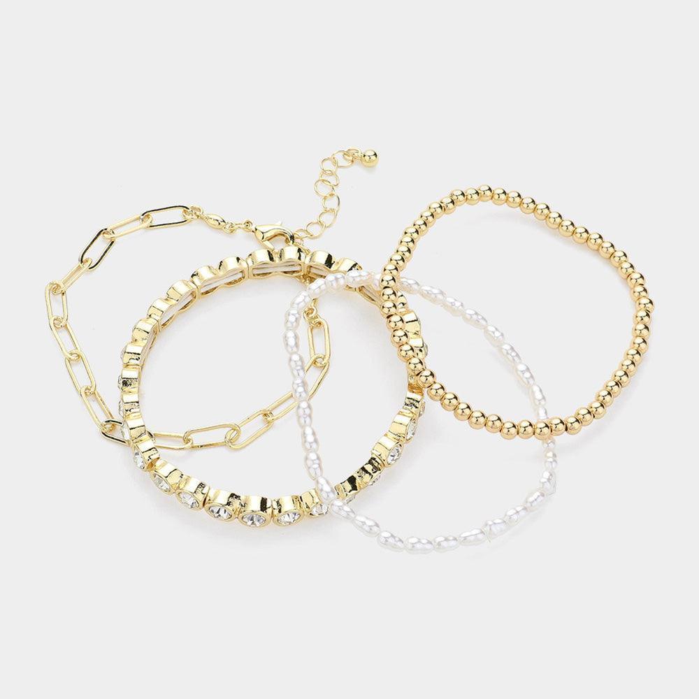 Cream 4PCS - Pearl Metal Ball Stretch Paper Clip Chain Multi Layered Bracelets - Jewelry Store by Erik Rayo