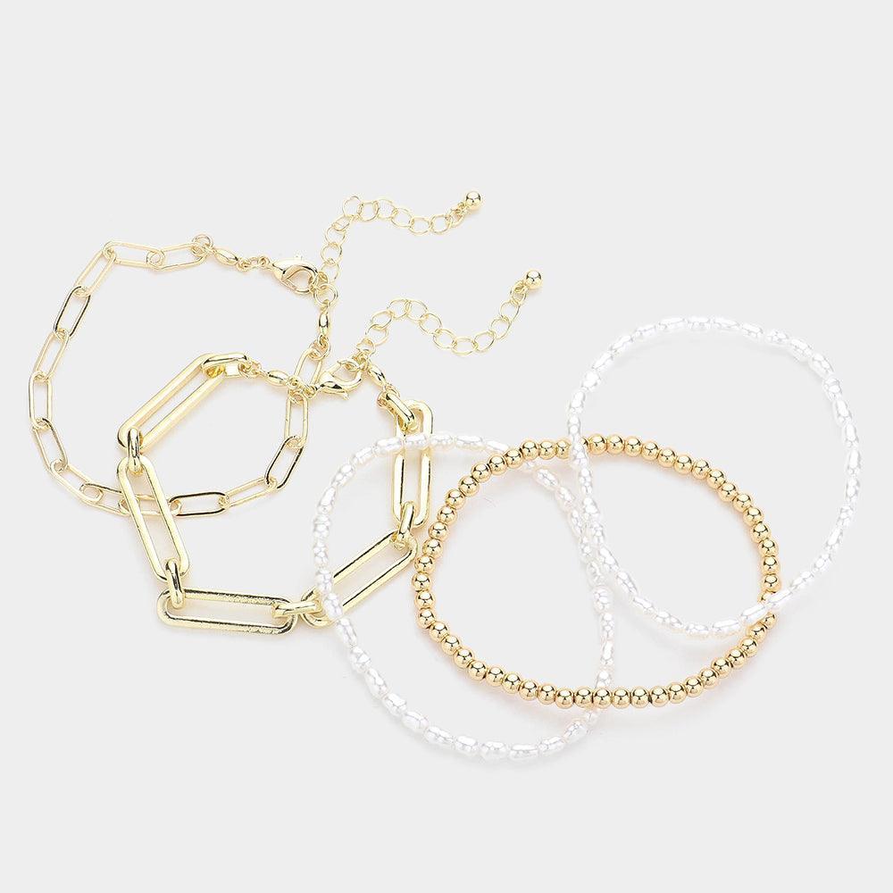 Cream 5PCS - Pearl Metal Ball Stretch Paper Clip Chain Multi Layered Bracelets - Jewelry Store by Erik Rayo