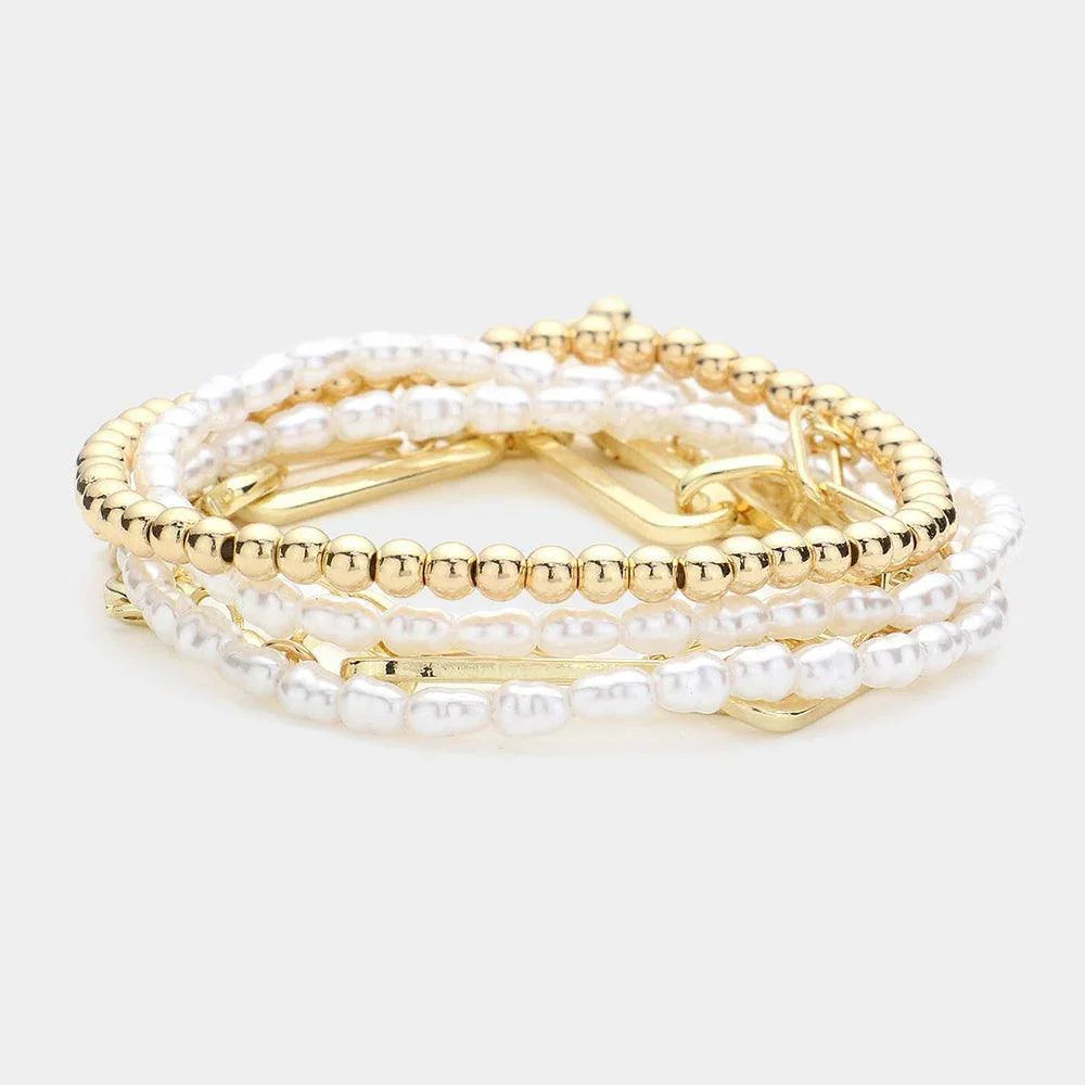Cream 5PCS - Pearl Metal Ball Stretch Paper Clip Chain Multi Layered Bracelets - Jewelry Store by Erik Rayo